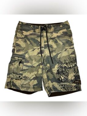 Vintage Y2K Billabong Board Shorts Mens size 33 (Fits 32) Camo Eagle Patches